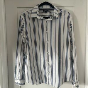 Express Men's White and Blue Striped Shirt